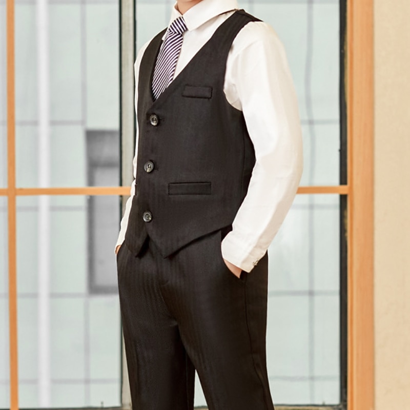 2 Pieces 4 Pieces Ring Bearer Suit Boys Kids Suit Formal Suit Suit & Blazer Clothing Set Formal Outdoor Fashion Formal Solid Color Stripe V Neck Black Gray Polyester3