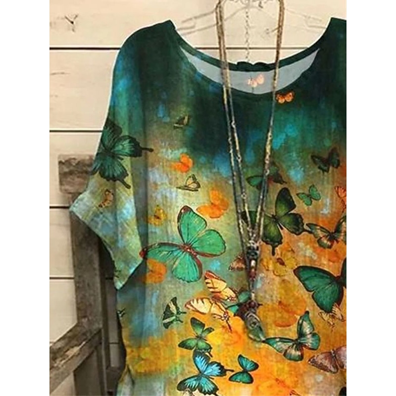 Women's Plus Size Blouse Floral Vintage Streetwear Holiday Short Sleeve Dolman Sleeve Crew Neck Regular Tops Vacation Daily Print Yellow Red Summer Spring 5
