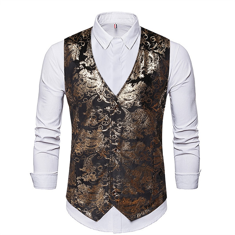 Men's Vest Gilet Wedding Party Bar Stylish Comfortable Summer Spring Pocket Polyester Breathable Floral Single Breasted V Neck Regular Fit Silver Black Dark Navy Gold Vest