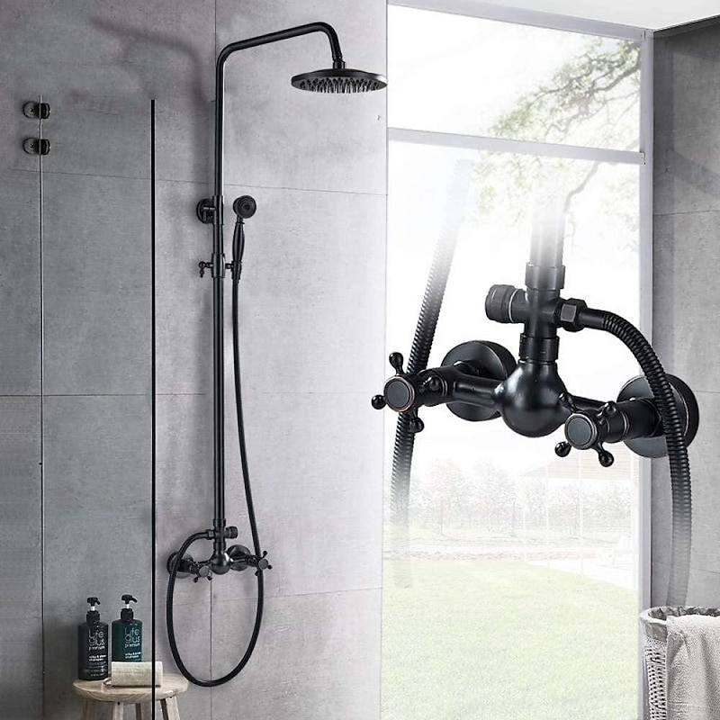 Shower Faucet,Copper Shower System Set Rainfall Antique Oil-rubbed Bronze Two Handles Three Holes Bath Shower Mixer Taps with Hot and Cold Switch and Ceramic Valve3
