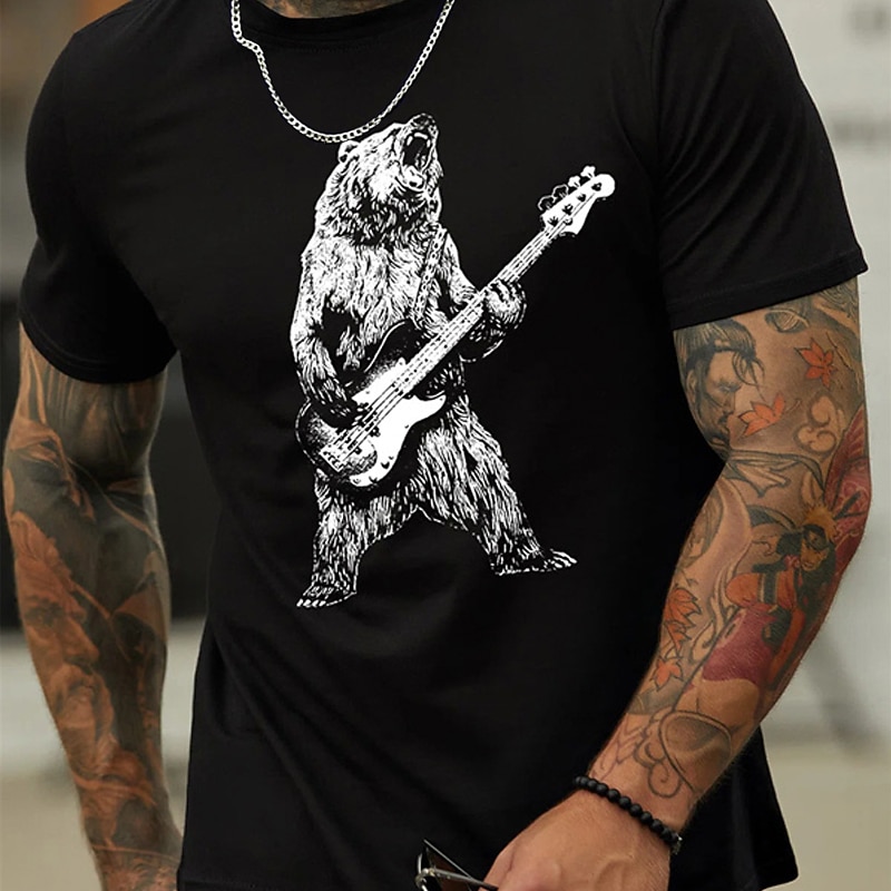 Men's Graphic T-Shirt: Rock Bear Playing Bass Guitar - Short Sleeve Funny Animal Music Lover2