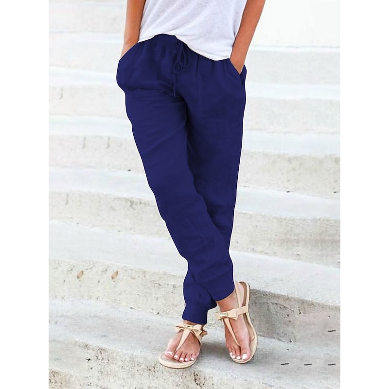 Women's Joggers Normal Faux Linen Plain Yellow Army Green Fashion Mid Waist Full Length Casual Weekend Autumn / Fall4