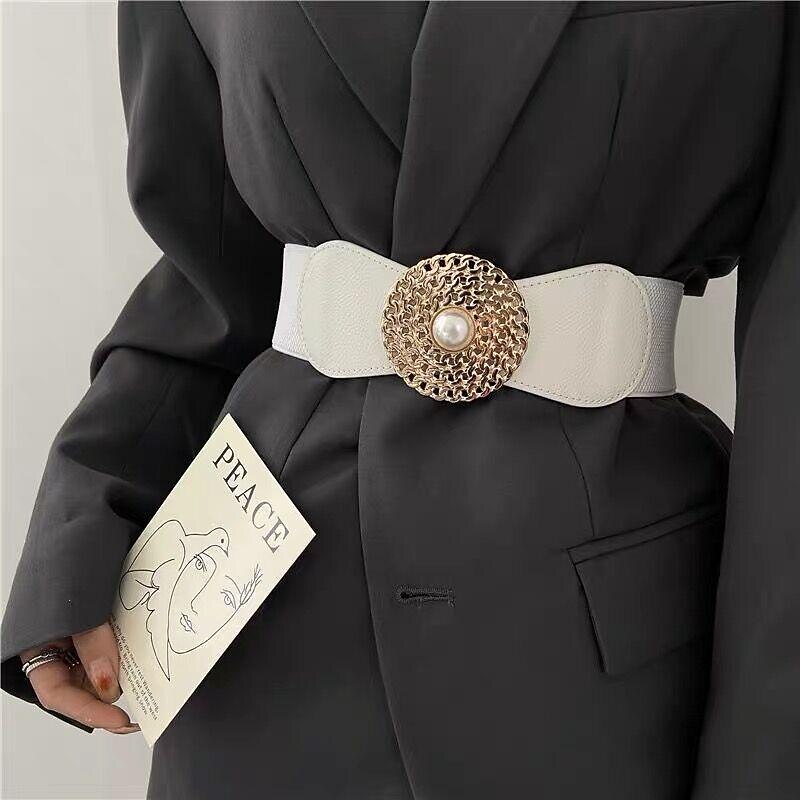 round buckle chain elastic elastic girdle female outer suit dress pearl disc black retro belt2