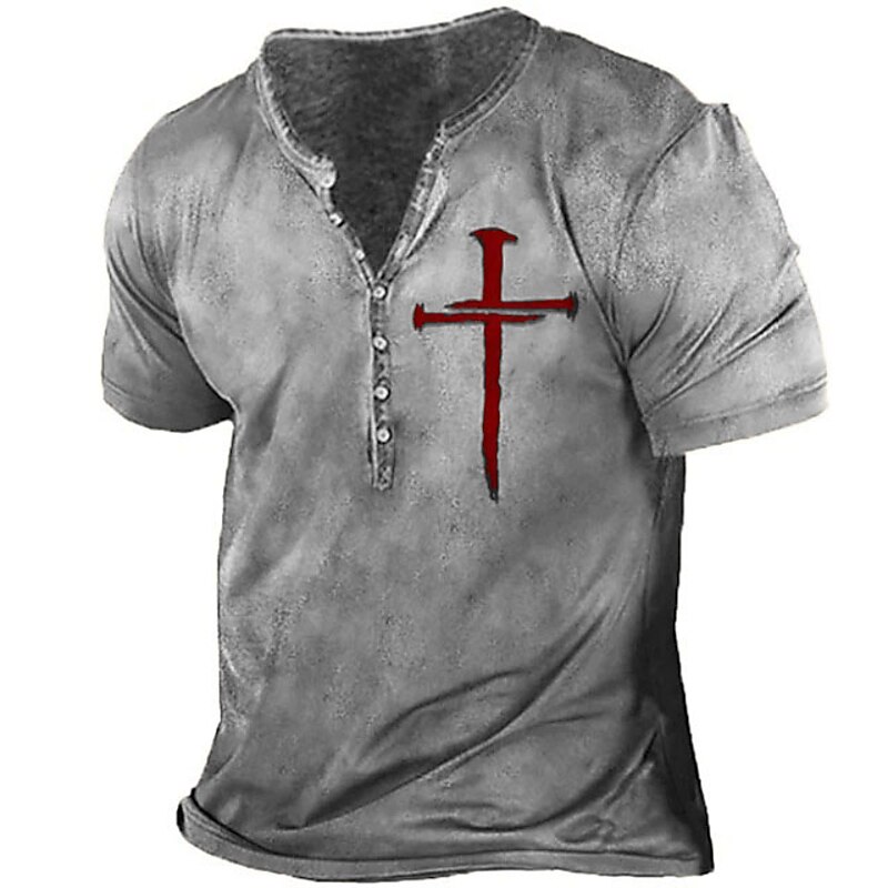 Men's T shirt Tee Henley Shirt Vintage Shirt Vintage Designer Basic Shirt Templar Cross Cross Short Sleeve Shirt Black Khaki Gray Outdoor Daily Sports Henley Summer Clothing Apparel 3D Print Plus Size2