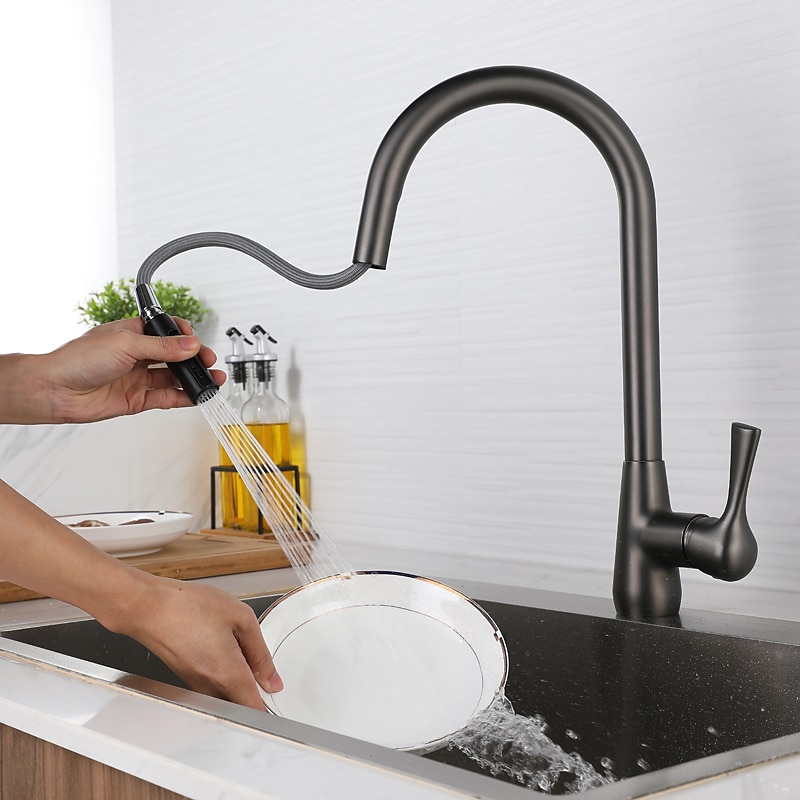 Kitchen Faucet with Pull-out Spray - Single Handle One Hole Electroplated / Painted Finishes Pull-out / Pull-down / Standard Spout / Tall / High Arc Centerset Modern Contemporary Kitchen Taps2