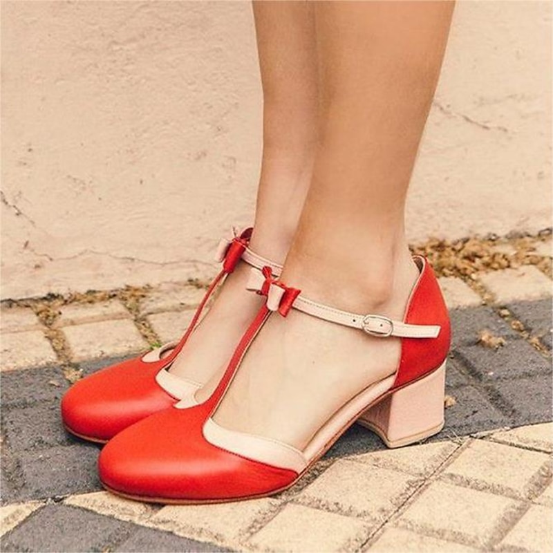 Women's Stylish Red T-Strap Heels with Bow Detail and Block Heel – Comfortable Vintage Design for Casual and Formal Occasions