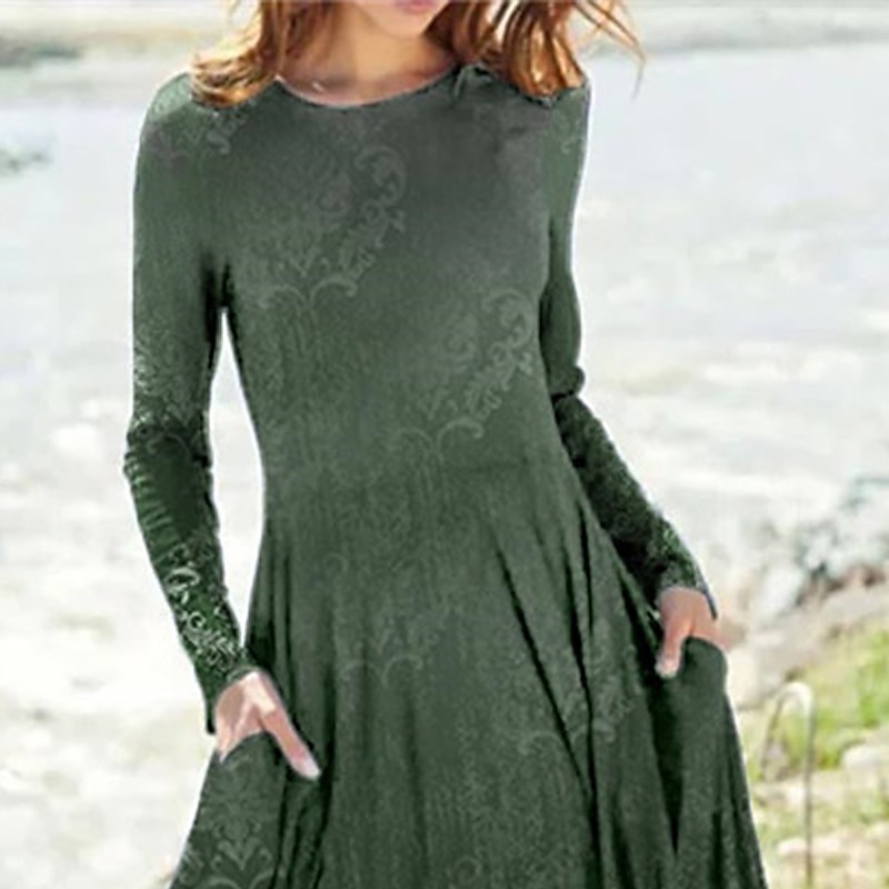 Women's Midi Dress Casual Dress Winter Dress Ethnic Dress Swing Dress Vacation Casual Modest Formal Outdoor Winter Dress Regular Fit Color Gradient Long Sleeve Round Neck Green Fall Winter Autumn2