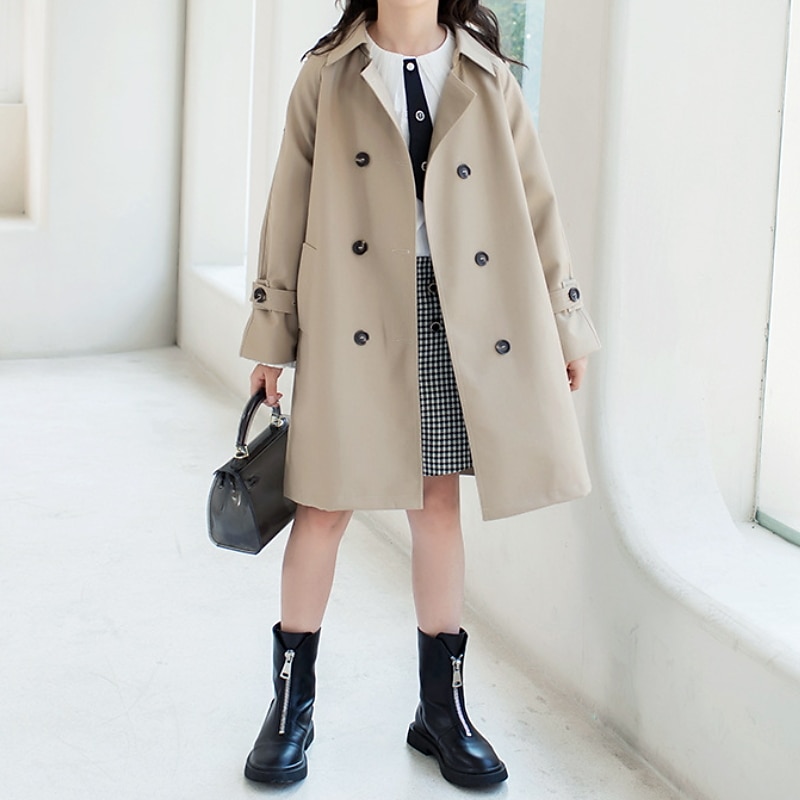 Kids Girls' Trench Coat Outerwear Plain Long Sleeve Coat Street Cotton Active Cool Khaki Winter Fall 4-13 Years - Main Image