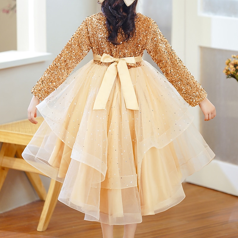 Kids Girls' Dress Sequin Long Sleeve Party Sequins Princess Sweet Polyester Midi Spring Fall 4-13 Years Red Gold2