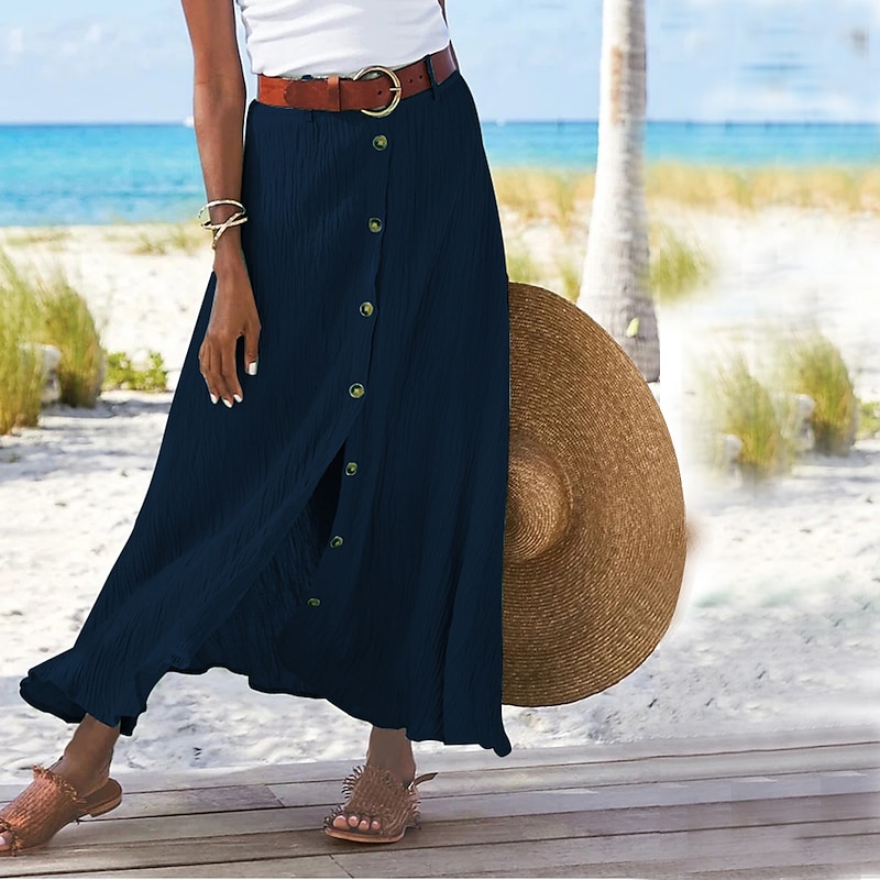 Women's Skirt Long Skirt Linen Skirts Straight Fashion coastal grandma style Summer Maxi Skirts Solid Colored Split Vacation Office / Career Black White Navy Blue Orange Autumn / Fall Polyester3
