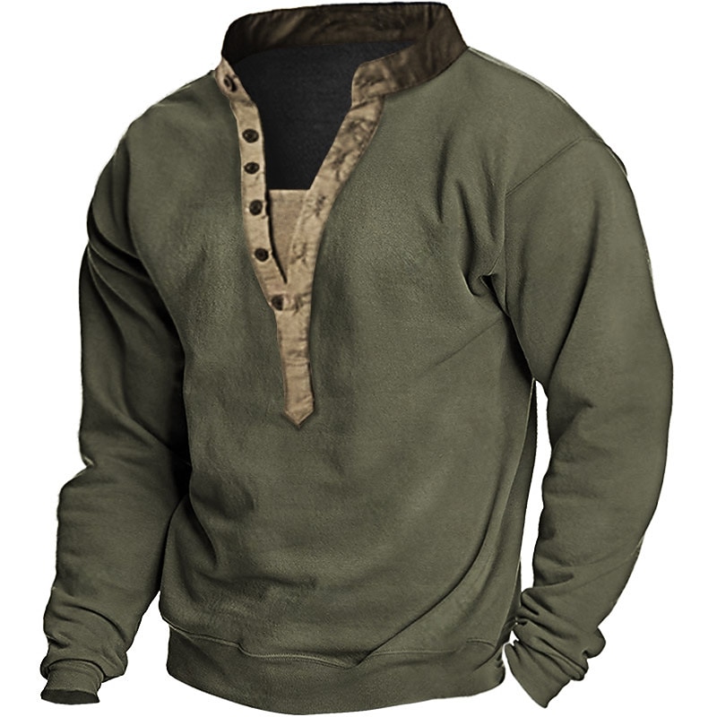Men's Plus Size Big Tall T shirt Tee Henley Shirt Tee Stand Collar Green Khaki Gray Long Sleeve Outdoor Going out Button-Down Plain Clothing Apparel Polyester Stylish Solid Casual