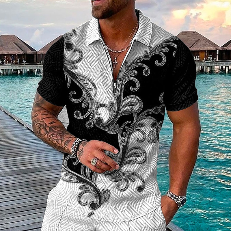Men's Baroque Zip Polo Shirts Golf Shirt Short Sleeve Polo Shirts Collared Shirts Vintage Casual Vacation Wear Party Outfits 3D Print Quarter Zip Polo Black / Gray Black Pink2