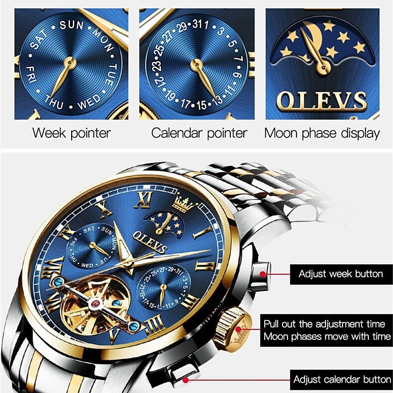 OLEVS Men Mechanical Watch Calendar Luxury Waterproof Fashion Automatic Self-winding Moon phase Luminous Stainless Steel Strap Watch3