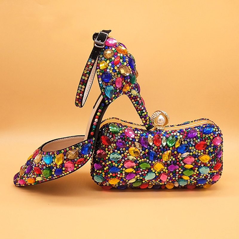 Women's Multicolor Rhinestone Wedding High Heel Shoes with Matching Clutch Bag