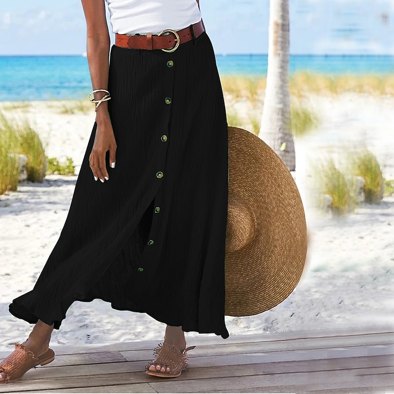 Women's Skirt Long Skirt Linen Skirts Straight Fashion coastal grandma style Summer Maxi Skirts Solid Colored Split Vacation Office / Career Black White Navy Blue Orange Autumn / Fall Polyester2
