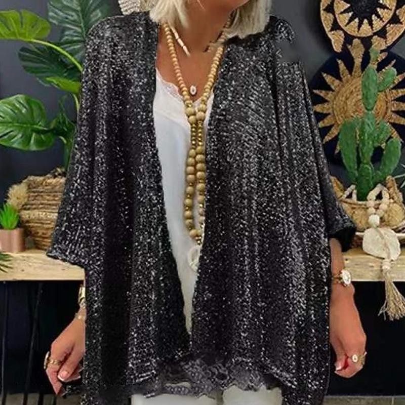Women's Plus Size Jacket Sequins Formal Party Open Front  Sparkle & Shine 3/4 Sleeve Sequined Fall Wedding Guest Wraps With Glitter For Spring & Summer Wedding Mother of Bride dress to impress4
