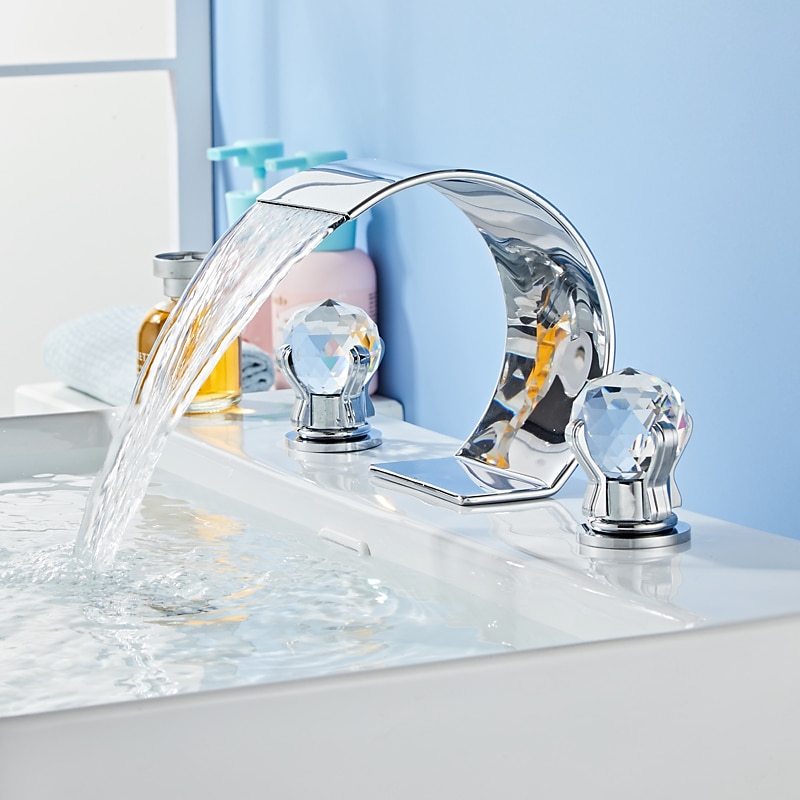 Bathroom Faucet 3 Hole Dual Crystal Knobs Widespread 3 Holes Vanity Basin Mixer Tap Bathtub Filler Faucet Waterfall Faucet for Bathroom(Golden/Black/Chrome)3