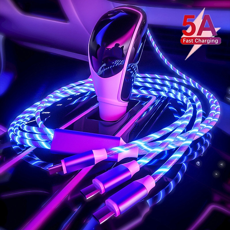 3 in 1 Luminous Multi Charging Cable for iPhone 14 13 12 Pro Max USB A to Lightning / micro / USB C Fast Charging Flowing Light Durable Date Cable For Samsung Xiaomi Huawei Phone Accessory