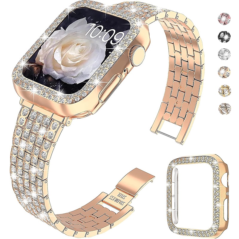Jewelry Bracelet Compatible with Apple Watch band 38mm 40mm 41mm 42mm 44mm 45mm 49mm with Case Women Bling Diamond Stainless Steel Rhinestone Strap Replacement Wristband for iwatch Ultra 2 Series 9 8