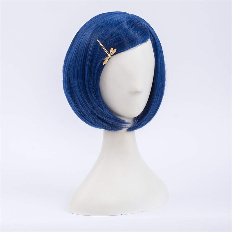 Morticia Short Straight Blue Women Bob Full Bang Kids Wig with Gold Dragonfly Hairpin2