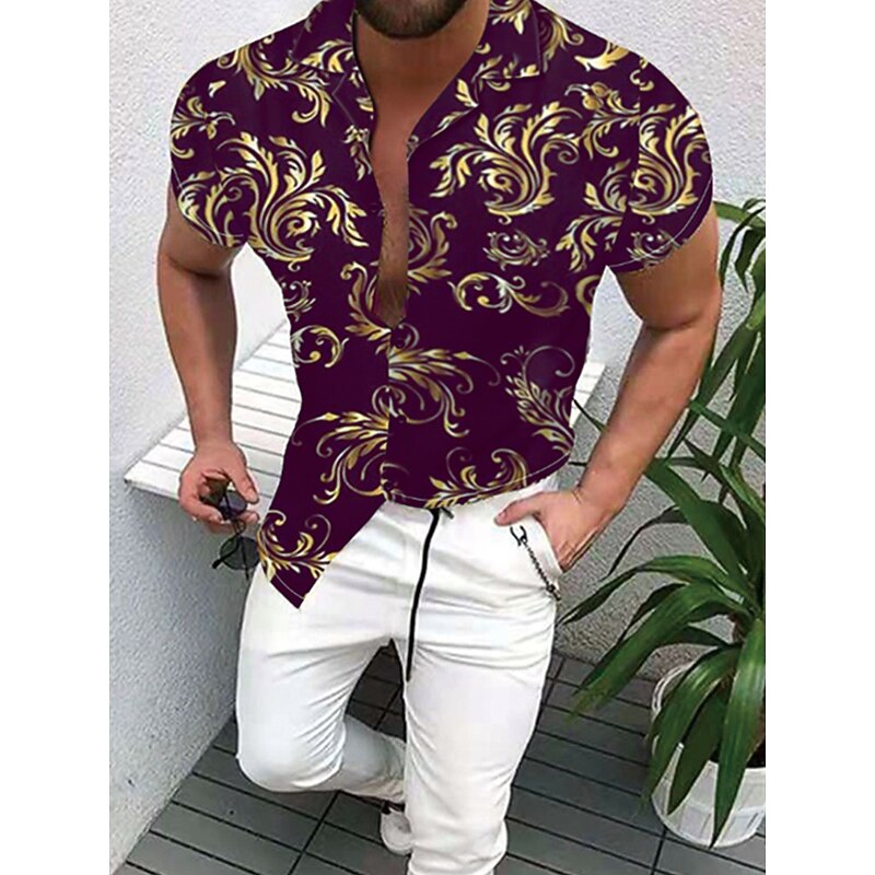 Men's Shirt Button Up Shirt Short Sleeve Designer Beach Casual Going out Spring & Summer Off Shoulder 3D Print Red Blue Gold2