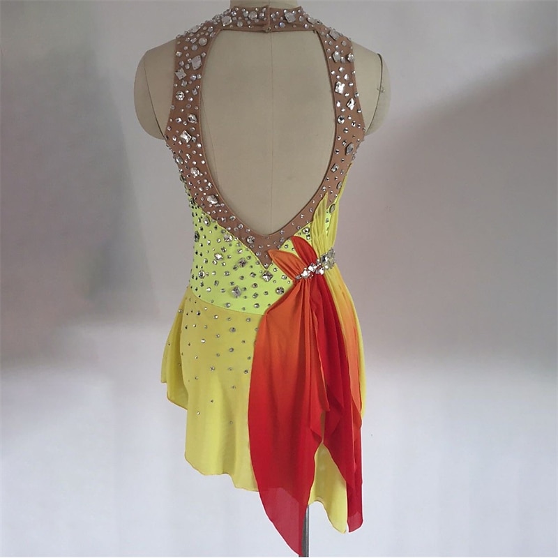 Figure Skating Dress Women's Girls' Ice Skating Dress Yellow Open Back Spandex High Elasticity Training Competition Skating Wear Handmade Crystal / Rhinestone Sleeveless Ice Skating Figure Skating2