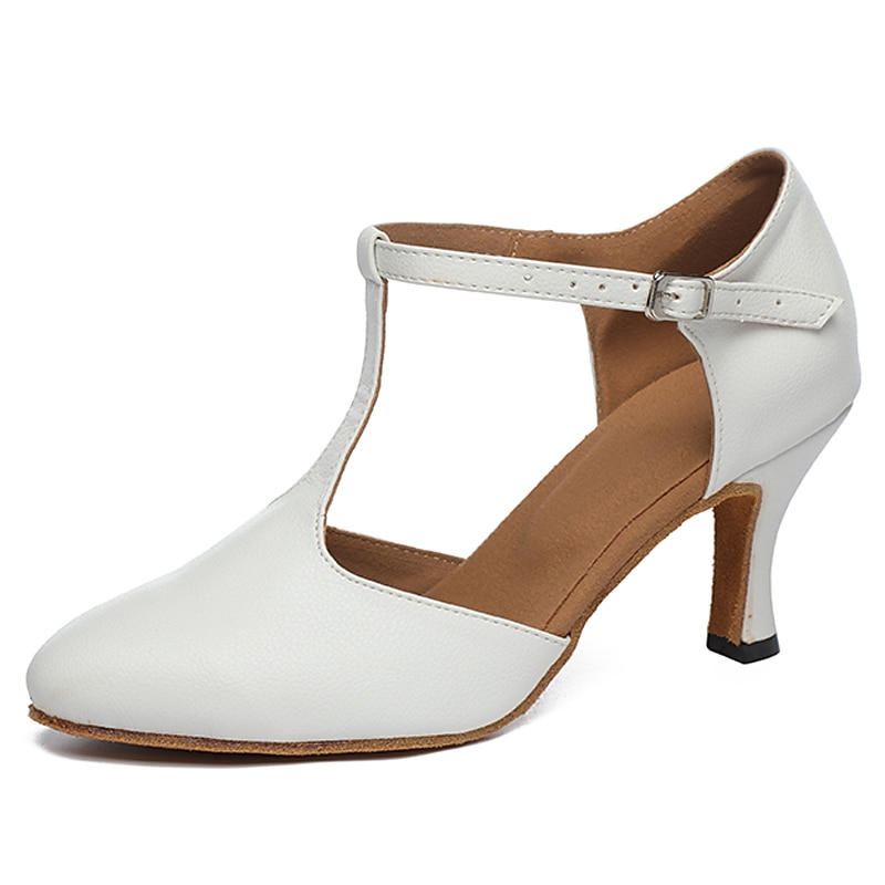 Women's Ballroom Dance Shoes Modern Shoes Practice Professional Waltz Heel Sneaker Lace-up Flared Heel Peep Toe T-Strap White Pink2