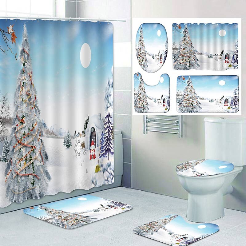 Christmas Snowy Pattern Printing Bathroom Shower Curtain Leisure Toilet Four-Piece Design3