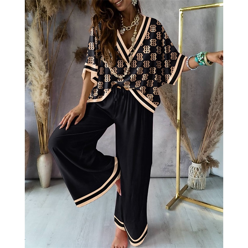 Women's Loungewear Nighty Sets 2 Pieces Geometic Simple Comfort Home Daily Going out Breathable V Wire Half Sleeve Shirt Pant Spring Fall Home Outfits2