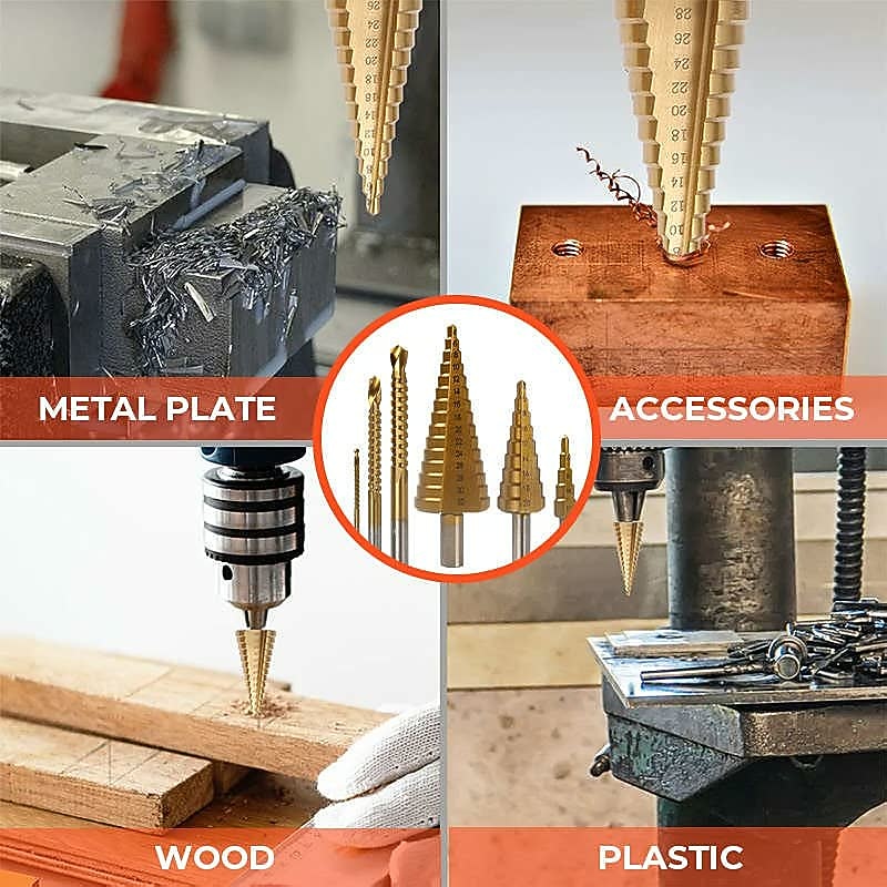 6 Pcs Titanium Plating Drill Bit Set 2022 High Speed Reaming Pagoda Sawtooth Set Premium Metal Step Drill Bit Multiple Hole Stepped Up Bits for DIY Lovers 11