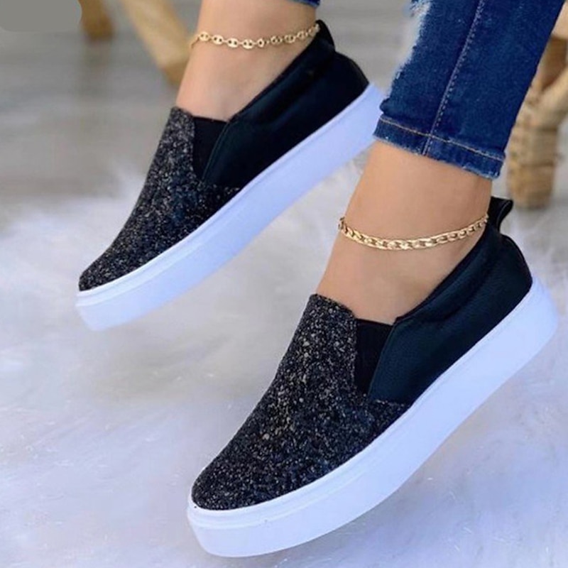 Women's Gold Glitter Slip-On Sneakers – Sparkly Casual Platform Shoes with Faux Leather Upper for Daily Wear, Parties, and Street Style3
