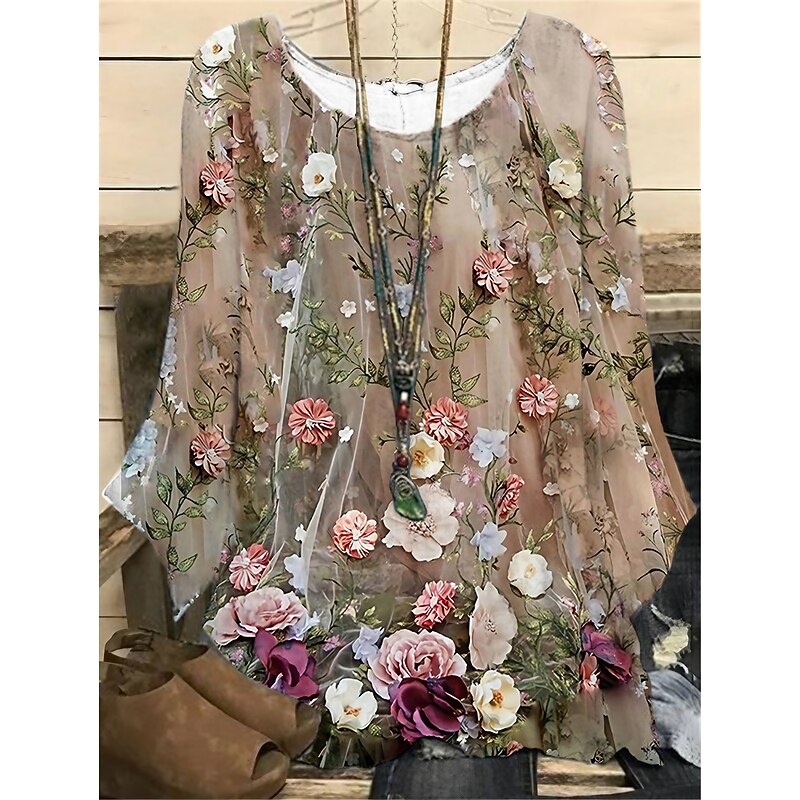 Women's Plus Size Blouse 3D Print Vintage Holiday Casual Floral Print Regular Tops Crew Neck Vacation Daily Black White Dark Green Green khaki Spring Fall Winter