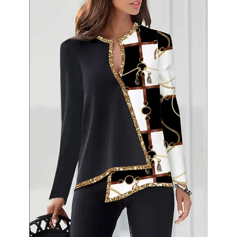 Women's Plus Size Blouse Elegant Vintage Fashion Color Block Print Regular Tops V Neck Work Casual Black White Wine Red Gold Spring Fall2