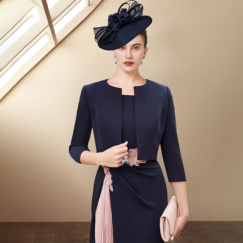 Two Piece Sheath Mother of the Bride Dress Wedding Guest Church Stretch Fabric Sleeveless Short Jacket Dresses with Pleats Crystals Color Block Race Day Dress