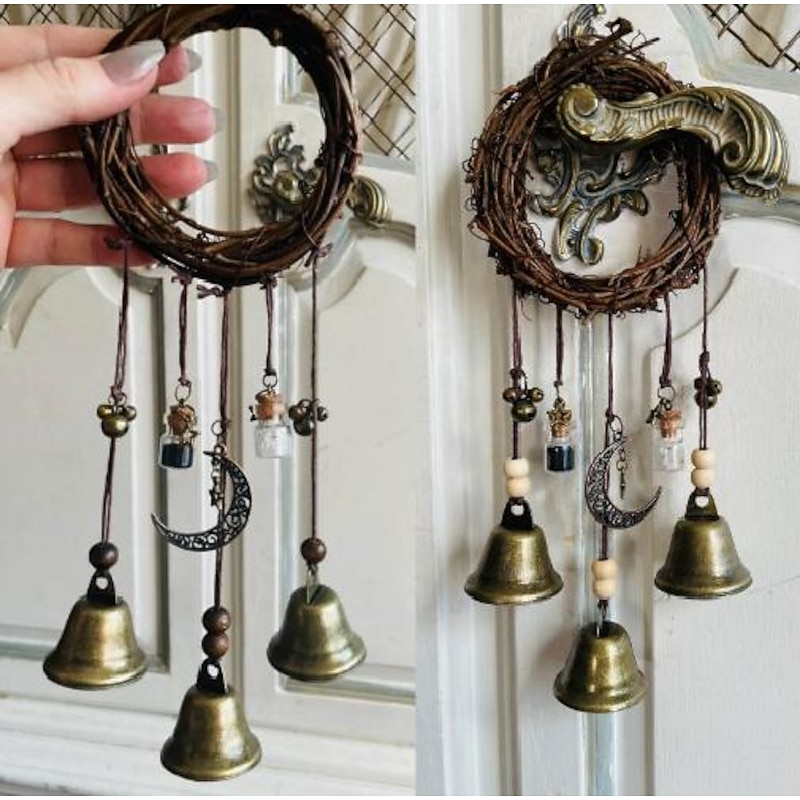 Bells for Door Knob for Protection, Witch Wind Chimes Door Hanger, Handmade Rattan Wind Chimes Witch Decor, Protection Witchcraft Home Decor-1pcs