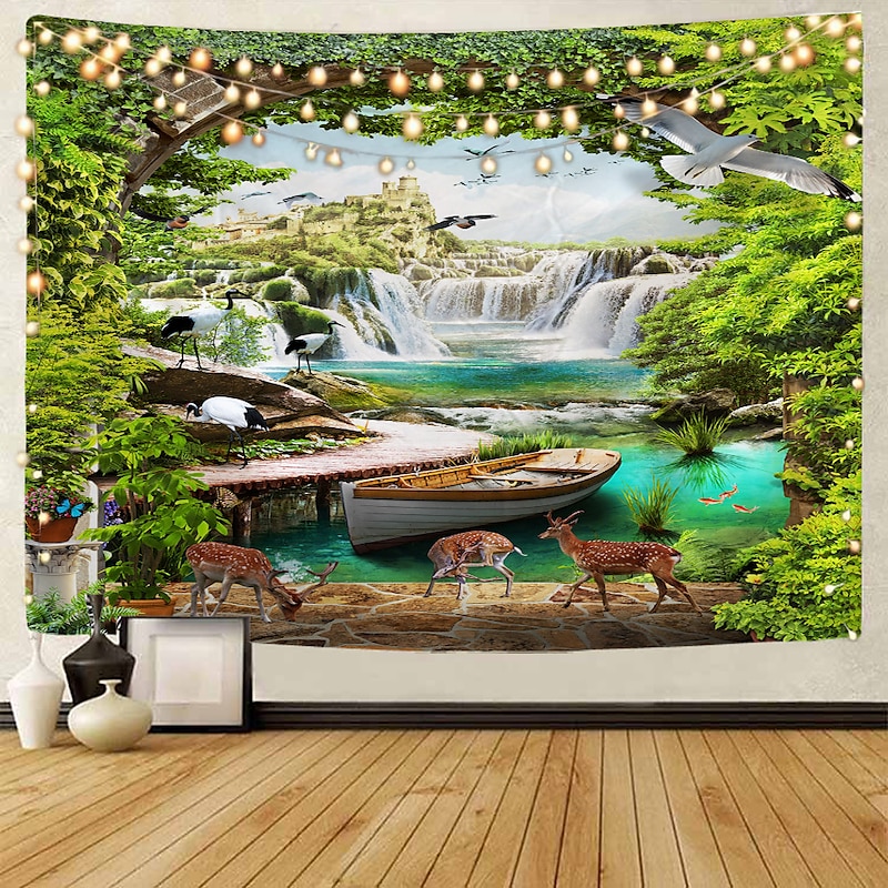 Window Landscape Wall Tapestry Art Decor Blanket Curtain Picnic Tablecloth Hanging Home Bedroom Living Room Dorm Decoration Polyester Sea Ocean Beach Palm3