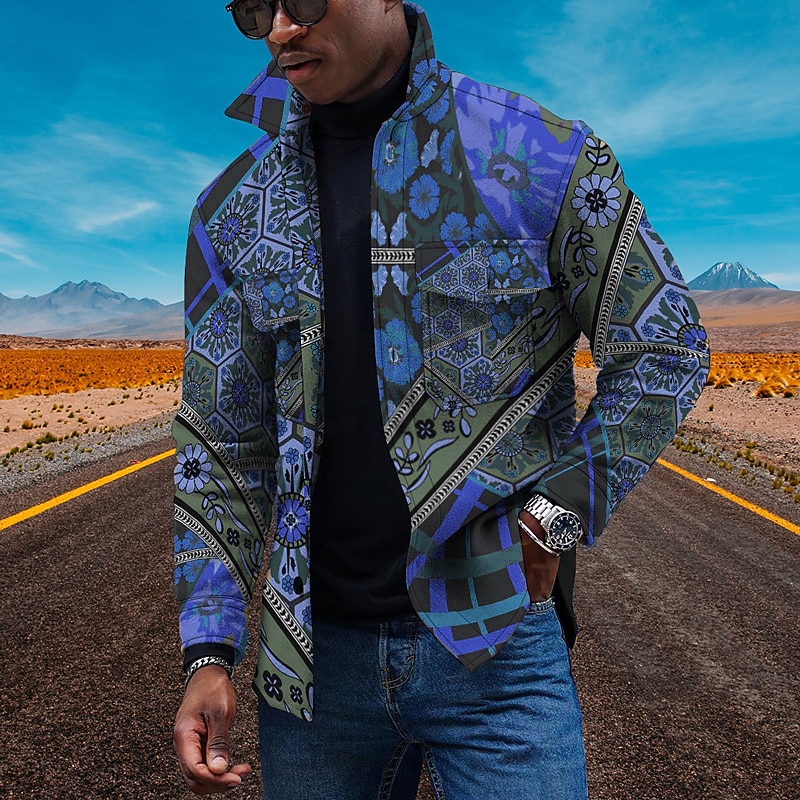 Men's Floral Ethnic Collared Shirt Fleece Shirt Shirt Jacket Long Sleeve Vintage Sporty Retro Outdoor Daily Going out Summer Spring Turndown Print Yellow Red Blue Green3
