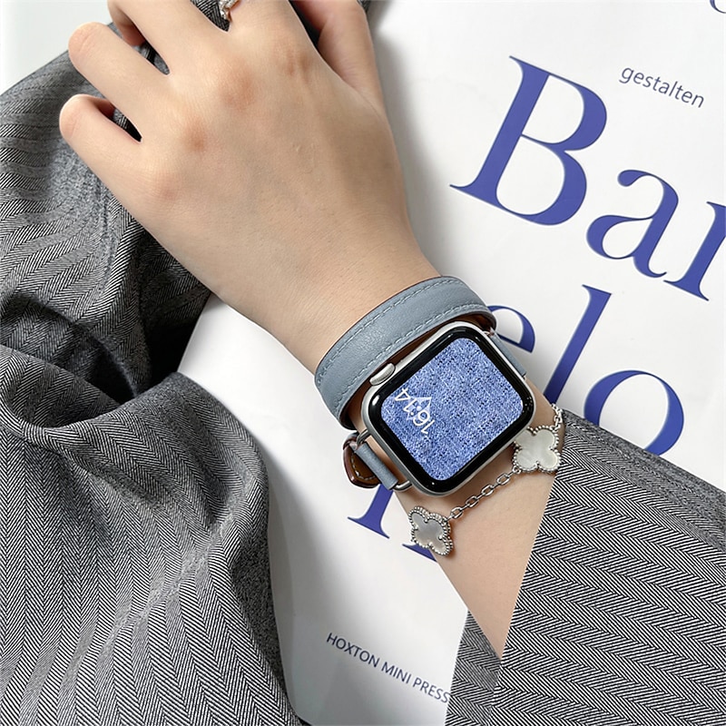 Double Tour Compatible with Apple Watch band 38mm 40mm 41mm 42mm 44mm 45mm 49mm Metal Clasp Adjustable PU Leather Strap Replacement Wristband for iwatch Ultra 2 Series 9 8 7 SE 6 5 4 3 2 13