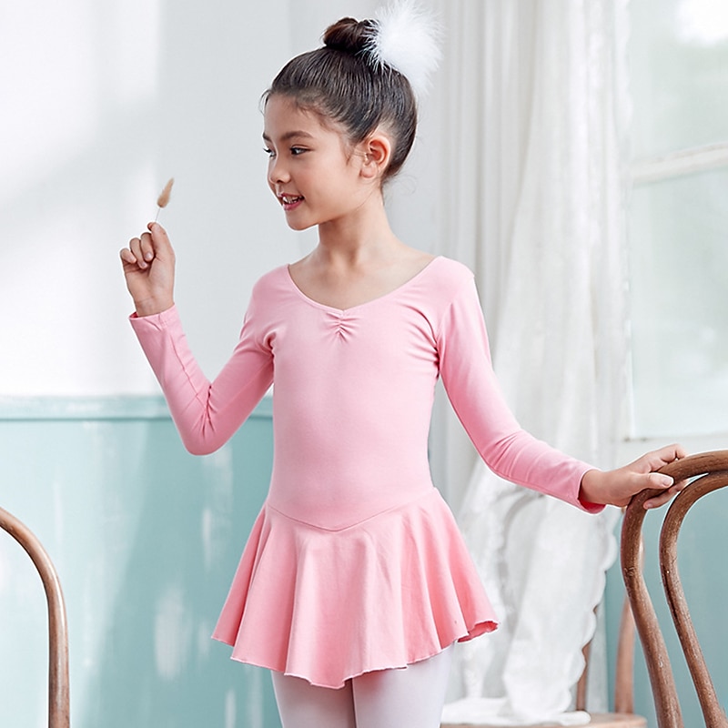 Kids' Dancewear Ballet Dress Pure Color Splicing Girls' Performance Training Long Sleeve High Cotton Blend