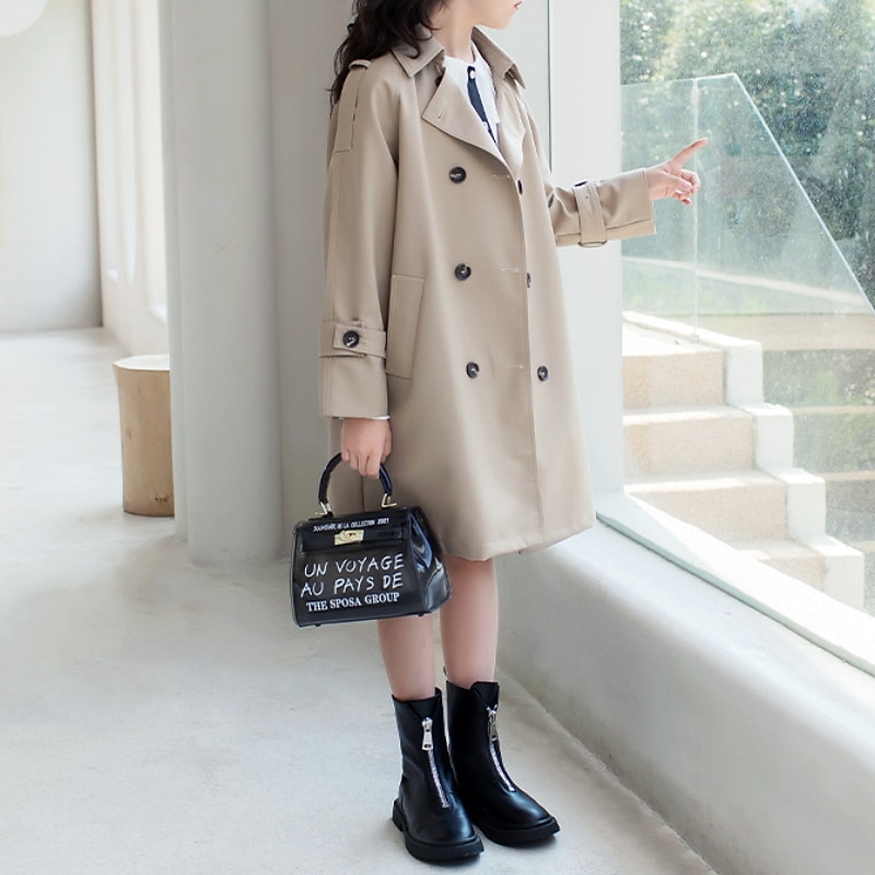 Kids Girls' Trench Coat Outerwear Plain Long Sleeve Coat Street Cotton Active Cool Khaki Winter Fall 4-13 Years4