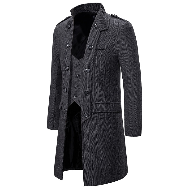 Men's Winter Coat Peacoat Coat Business Casual Winter Cotton Blend Warm Outerwear Clothing Apparel Stylish Classic & Timeless non-printing Solid Color Pocket Stand Collar Double Breasted2