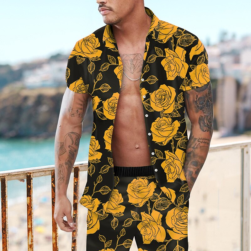 Men's Floral Rose 2pcs Shirts Sets Summer Hawaiian Shirt Short Sleeve Short Pants Turndown Fashion Hawaiian Designer Outdoor Vacation Beach 3D Print Button-Down Summer Spring Yellow Red Purple2