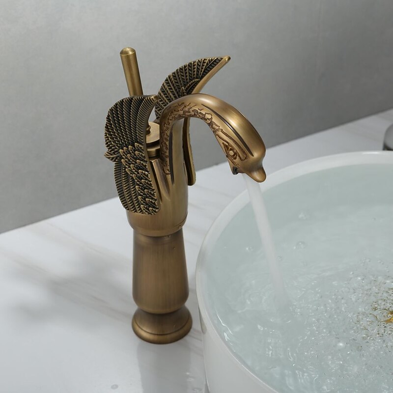 Antique Bathroom Sink Mixer Faucet, Washroom Basin Taps Brass Swan Shape Copper Electroplated Finish Vintage Style Single Handle One Hole Water Taps with Cold Hot Hose2