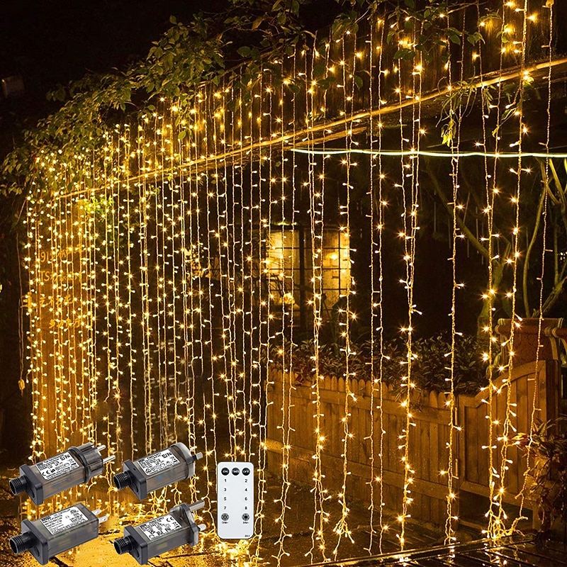 Outdoor Christmas Window Lights 3x3M-300LED Plug in 8 Modes Curtain Light 9 Colors Remote Control Window Wall Hanging Light Warm White RGB for Christmas Decorations Bedroom Wedding Party Garden Indoor3