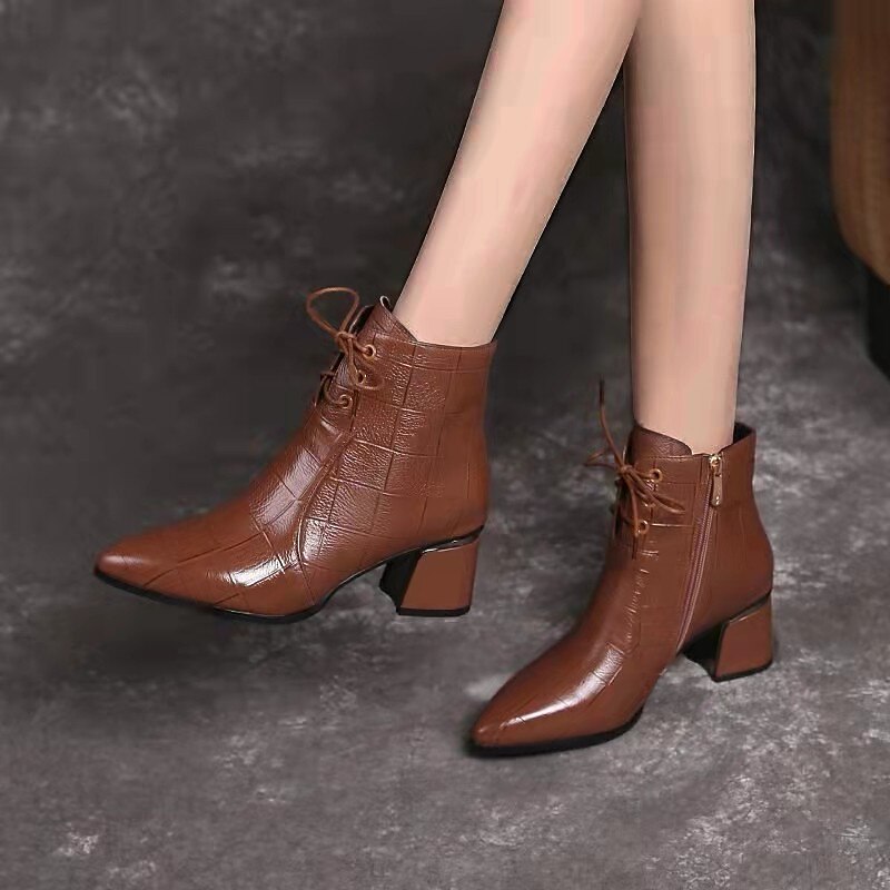 Women's Pointed Toe Faux Leather Ankle Boots with Block Heels and Side Zipper – Elegant Lace-Up Booties for Office, Fall Outfits, and Evening Wear3