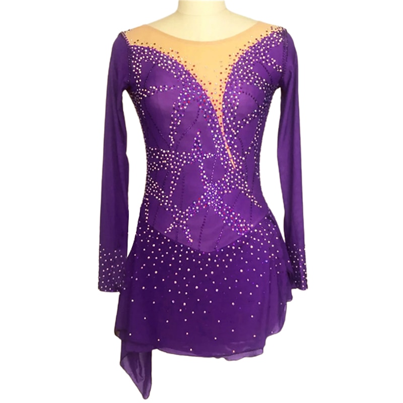 Figure Skating Dress Women's Girls' Ice Skating Dress Black Purple Rosy Pink Spandex High Elasticity Training Competition Skating Wear Handmade Crystal / Rhinestone Long Sleeve Ice Skating Figure4