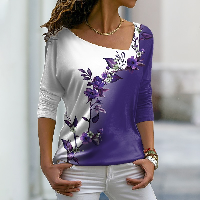 Women's Plus Size T Shirt Floral Graphic Daily Long Sleeve V Neck Regular Tops Casual Weekend Print Pink Blue Purple Green Fall & Winter4