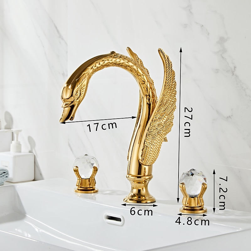 Widespread Bathroom Sink Mixer Faucet Swan Shape, Vintage Brass 3 Hole 2 Handle Basin Tap Deck Mounted, Washroom Basin Vessel Water Tap with Hot and Cold Hose4