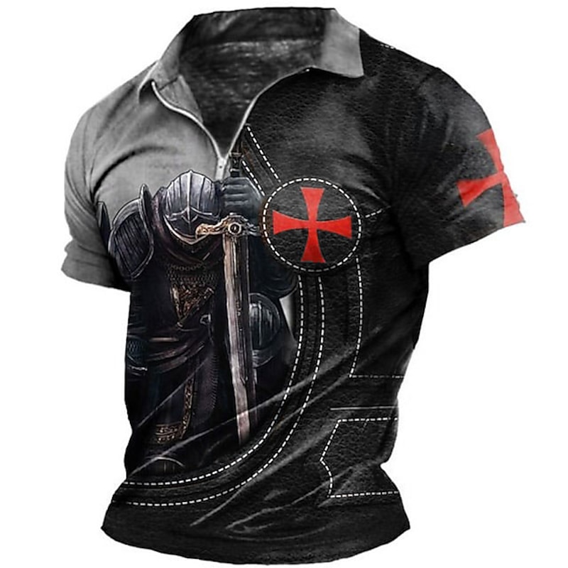 Men's Knights Templar Zip Polo Shirts Golf Shirt Short Sleeve Polo Shirts Collared Shirts Vintage Casual Vacation Wear Festival Wear Party Outfits 3D Print Quarter Zip Polo Black / Red Black Pink4