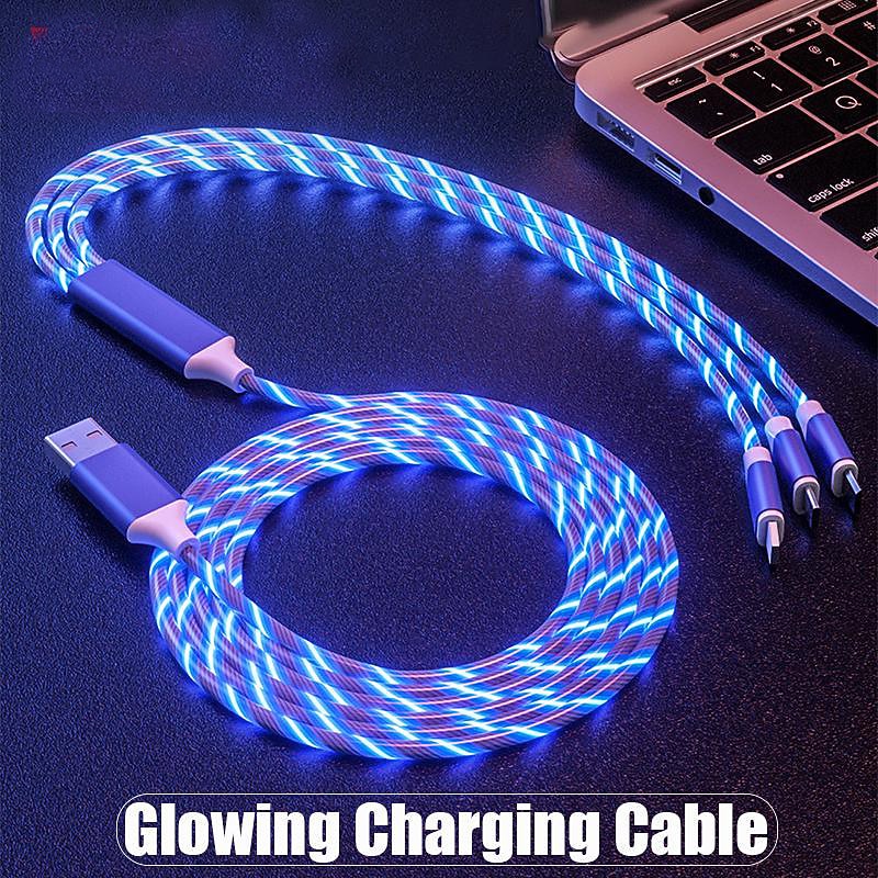 3 in 1 Luminous Multi Charging Cable for iPhone 14 13 12 Pro Max USB A to Lightning / micro / USB C Fast Charging Flowing Light Durable Date Cable For Samsung Xiaomi Huawei Phone Accessory3